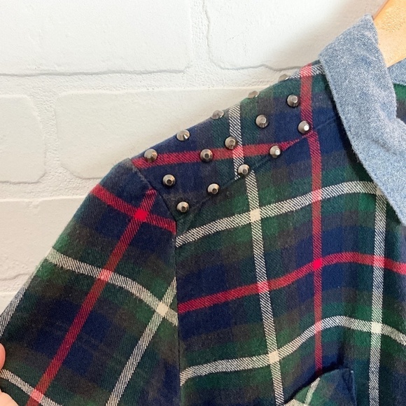 Vintage Y2K Button down Shirt Plaid Flanelle Studds Elbow patches Amnesia Navy S - Picture 14 of 16
